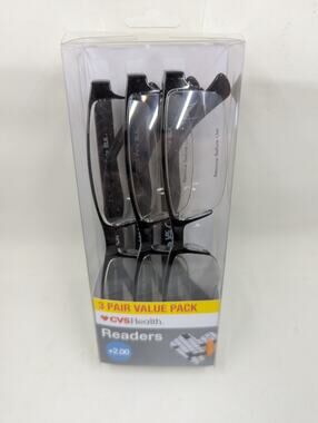 CVS Health reading glasses +2.00 3 pair pack 5013843 new black thin rim